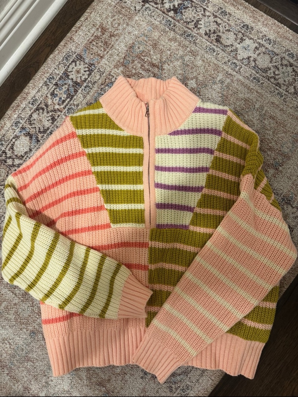 easel Peach Striped Half-Zip Turtleneck Sweater with Olive & Lavender Accents